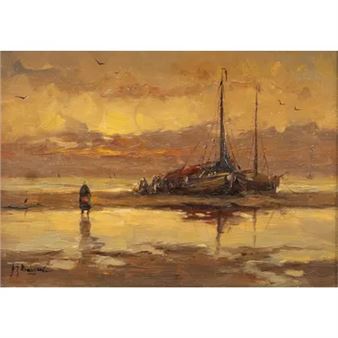 Vissersvolk bij bomschuiten op het strand - Nanne Balyon