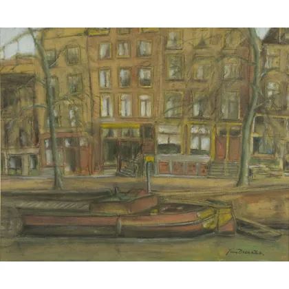 Afgemeerde platbodem in stadsgracht - John van Deventer