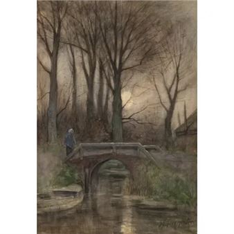 Vrouw op bruggetje bij ondergaande zon - Gerardus Johannes Roermeester