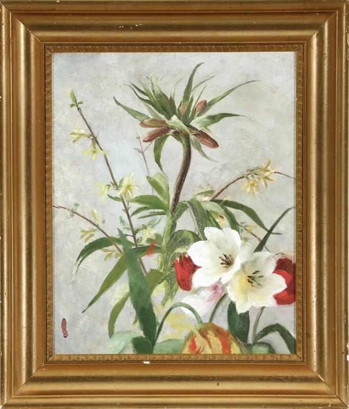 Artwork by Julie Hamann, Tulips, lillies and forsythia branches, Made of Oil On Canvas