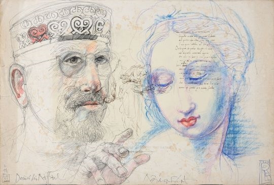 Artwork by Rainer Ehrt, Besuch bei Raffael, Made of Mischtechnik Auf Faksimile Einer Rafael-Zeichnung