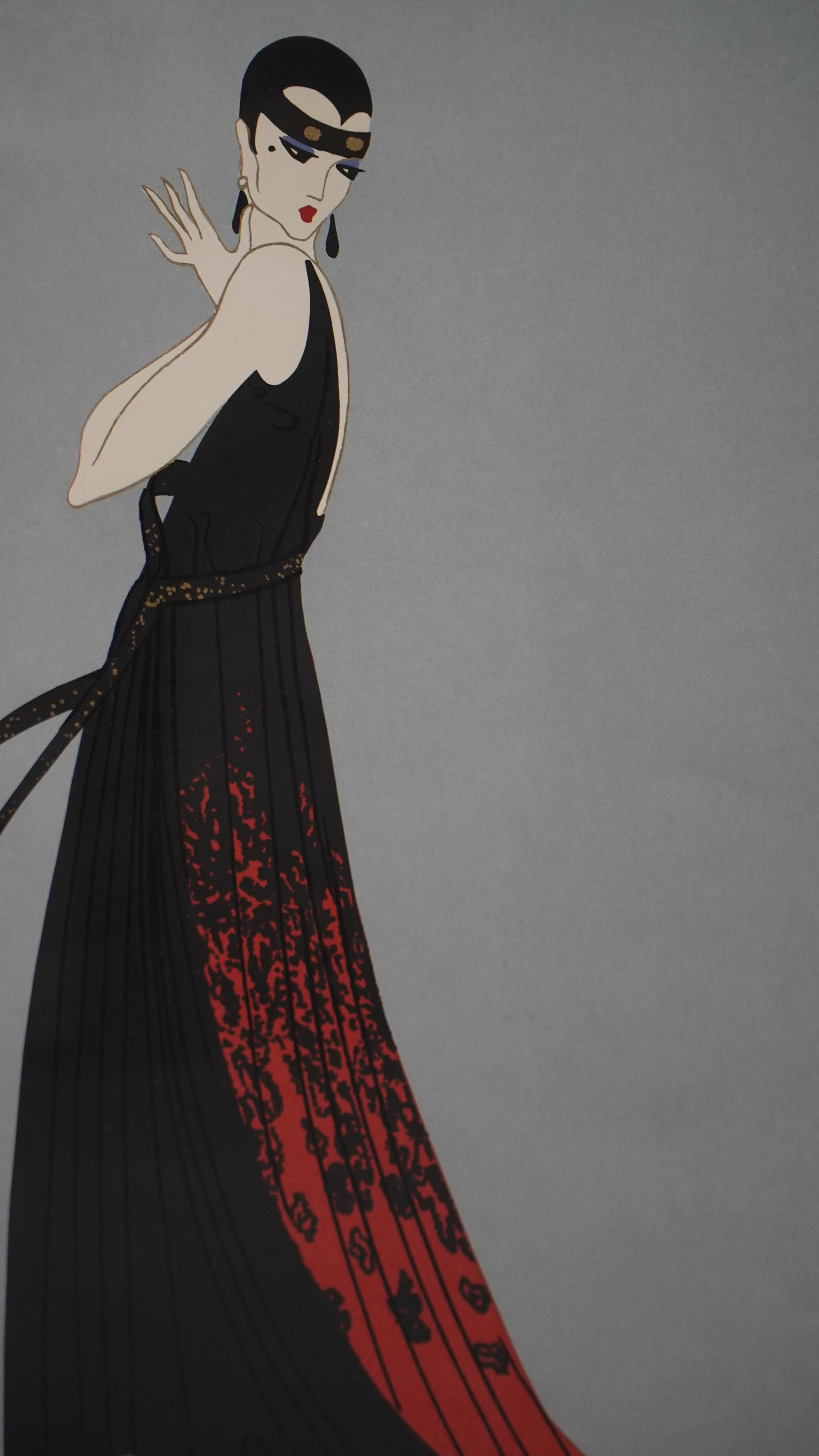 Erté | lady in an evening dress with a red and black trail | MutualArt