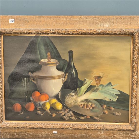 A classical still life painting featuring a white lidded jar, a dark bottle, and an assortment of fruits and vegetables arranged on a draped cloth.