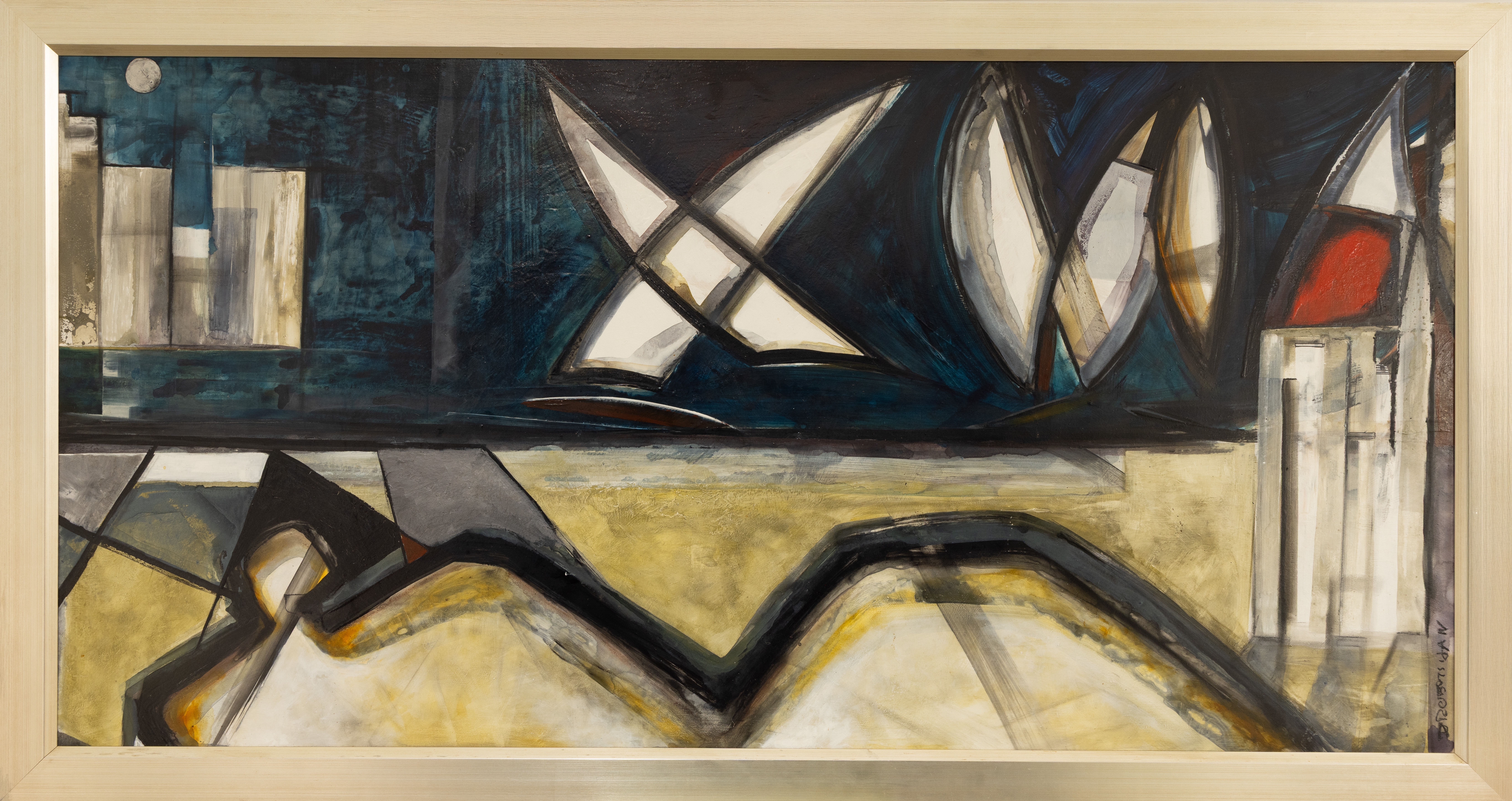 A geometric abstract painting featuring sharp angular forms, a red circle, and layered planes in dark blue, yellow, and white.