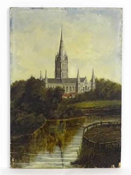 A view of Salisbury Cathedral from the River Avon by English School, Early 20th century