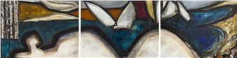 A triptych of abstract figures in bold, contrasting colors.