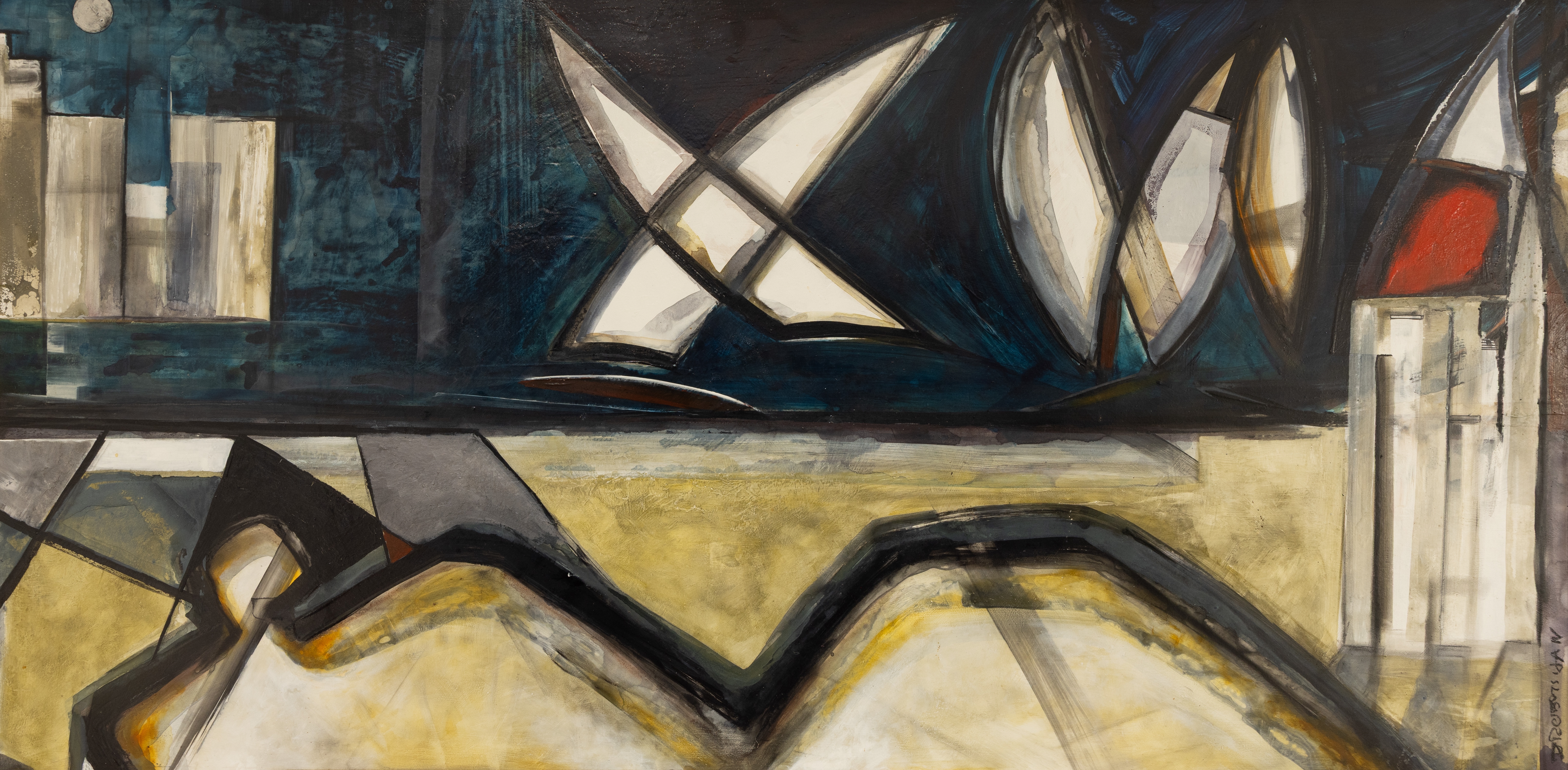 A geometric abstract painting featuring sharp angular forms, a red circle, and layered planes in dark blue, yellow, and white.