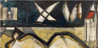 A geometric abstract painting featuring sharp angular forms, a red circle, and layered planes in dark blue, yellow, and white.