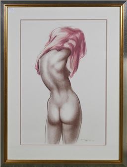 A framed pastel drawing of a nude figure from behind with a pink cloth covering the head.