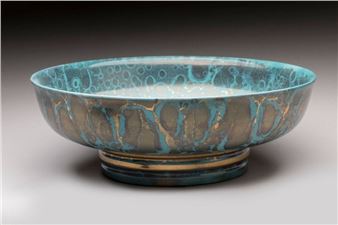 Large circular bowl in gold and turquoise porcelain - Jean Mazeaud