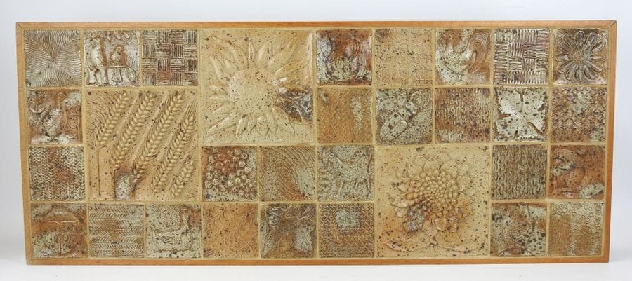 Artwork by André Bodin, Large stoneware wall plaque with 31 tiles decorated with flowers and insects, Made of Stoneware