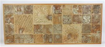 Large stoneware wall plaque with 31 tiles decorated with flowers and insects - André Bodin