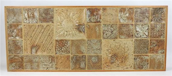 Large stoneware wall plaque with 31 tiles decorated with flowers and insects - André Bodin
