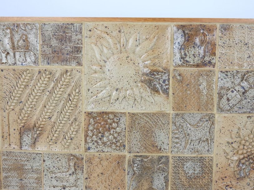 Artwork by André Bodin, Large stoneware wall plaque with 31 tiles decorated with flowers and insects, Made of Stoneware