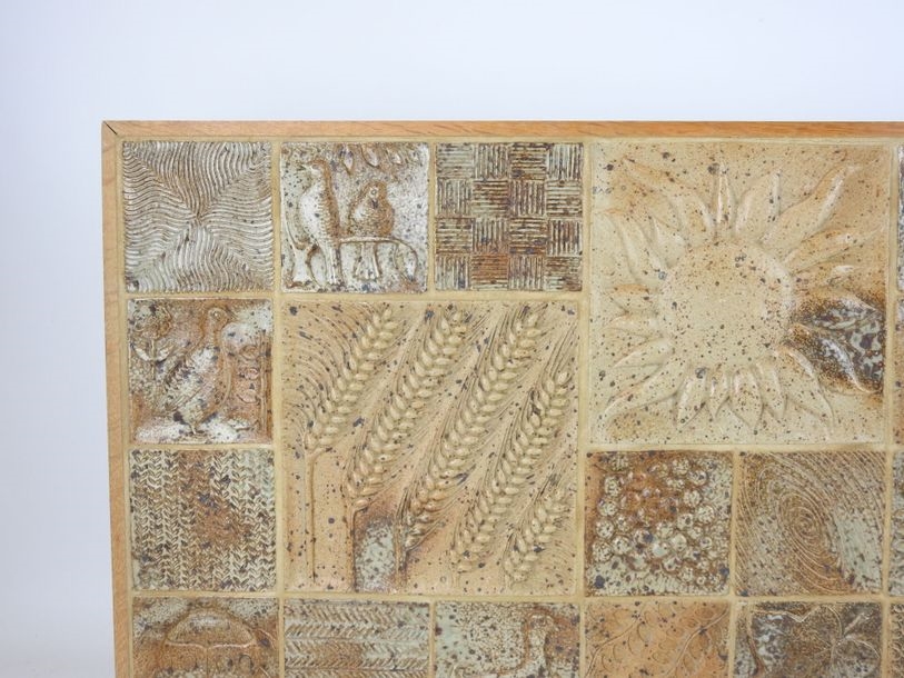 Artwork by André Bodin, Large stoneware wall plaque with 31 tiles decorated with flowers and insects, Made of Stoneware