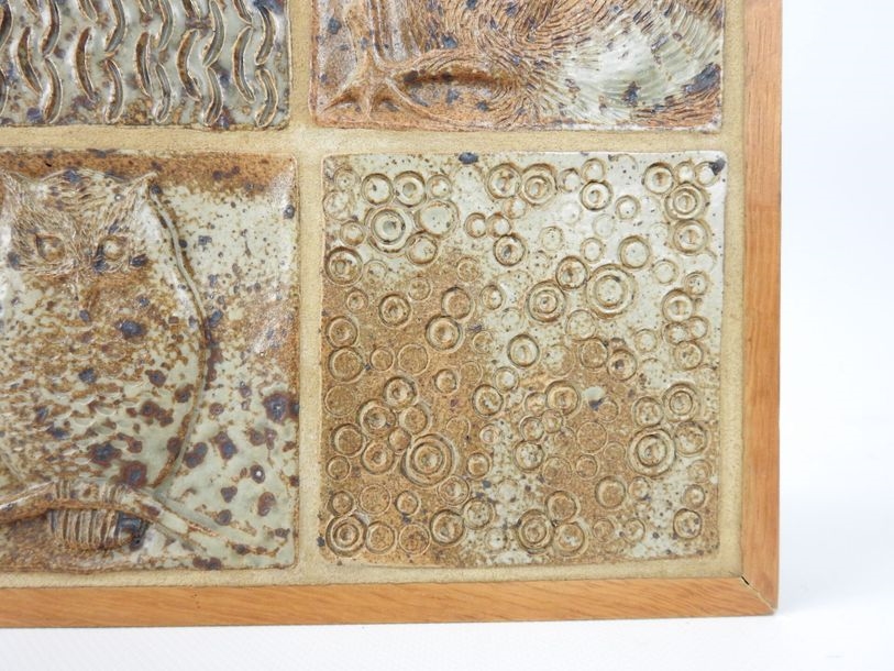 Artwork by André Bodin, Large stoneware wall plaque with 31 tiles decorated with flowers and insects, Made of Stoneware