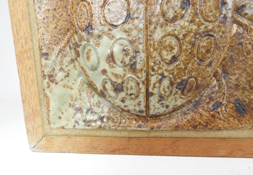 Artwork by André Bodin, Large stoneware wall plaque with 31 tiles decorated with flowers and insects, Made of Stoneware