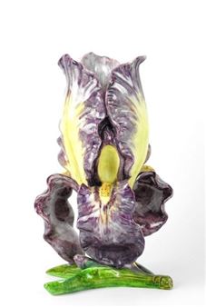 Barbotine flower vase with polychrome enameled iris design - Pierre Perret