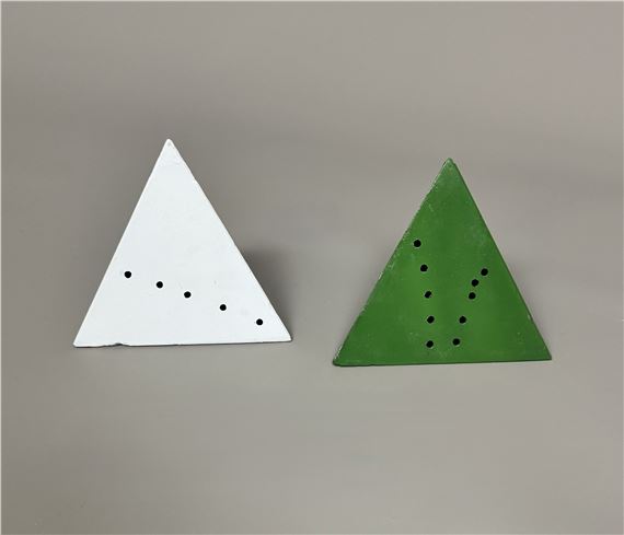 Two pyramids in white and green painted metal by Lucio Fontana, 20th century