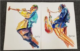 2 Michael Smiroldo signed watercolors of saxophone - Michael Smiroldo