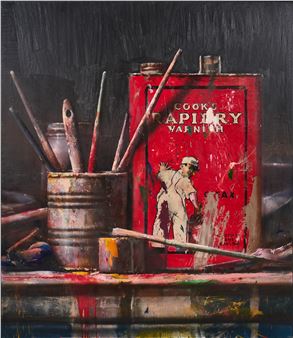A gritty still life featuring a red tin can, paintbrushes in a metal cup, and splattered colors on a dark surface.
