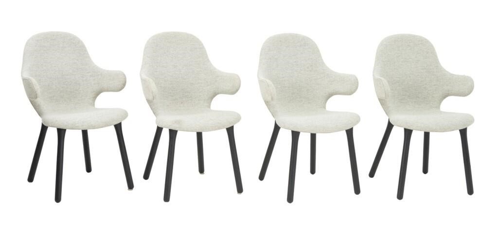 Artwork by Jaime Hayon, "Catch JH1" Arm Chairs, Made of Grey Wool Upholstery Atop Four Ebonized Wood Legs