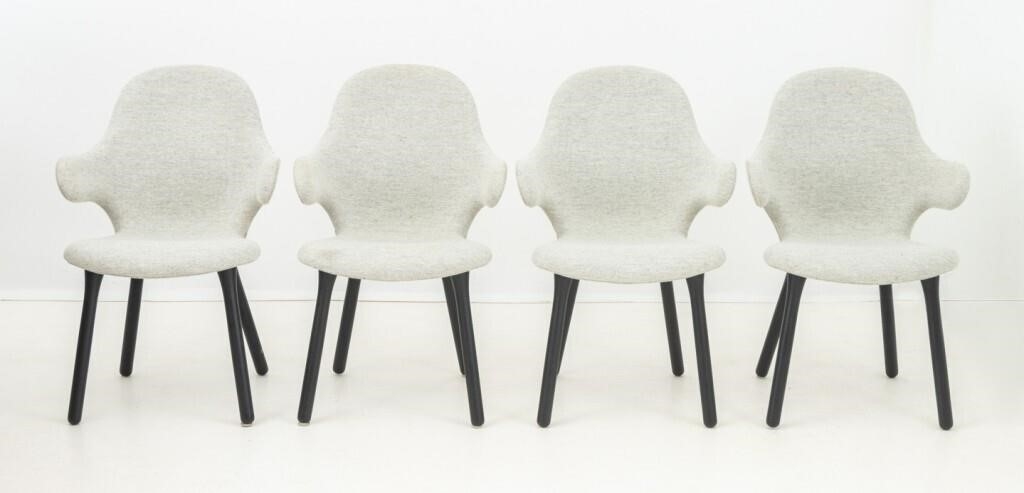 Artwork by Jaime Hayon, "Catch JH1" Arm Chairs, Made of Grey Wool Upholstery Atop Four Ebonized Wood Legs