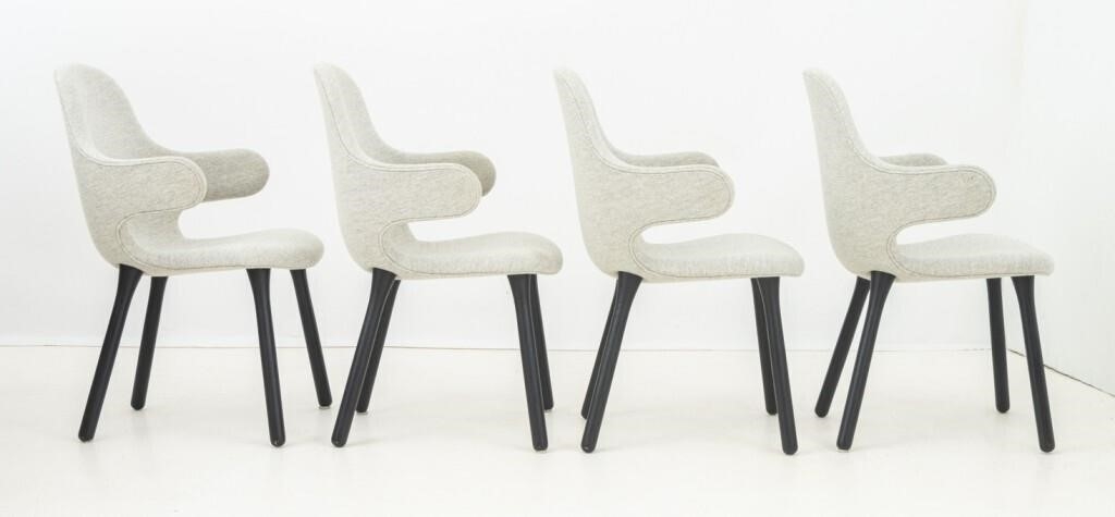 Artwork by Jaime Hayon, "Catch JH1" Arm Chairs, Made of Grey Wool Upholstery Atop Four Ebonized Wood Legs