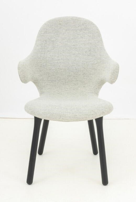 Artwork by Jaime Hayon, "Catch JH1" Arm Chairs, Made of Grey Wool Upholstery Atop Four Ebonized Wood Legs