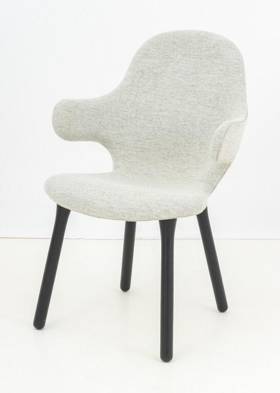 Artwork by Jaime Hayon, "Catch JH1" Arm Chairs, Made of Grey Wool Upholstery Atop Four Ebonized Wood Legs