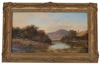 Landscape with figure beside a lake, sheep grazing nearby - Charles Leslie
