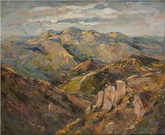 A textured landscape painting of rugged mountains under a cloudy sky.