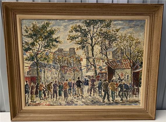 Lively Street Scene on July 14th in Paris by Fernand Laval, 1950