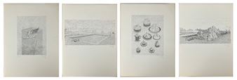 A four-panel monochrome print series featuring a flag, a field, a collection of bowls, and a landscape.