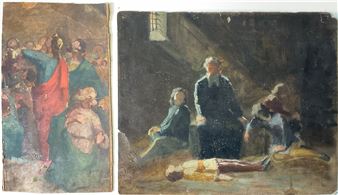 Lotto composto da due bozzetti ad olio su cartoncino raffiguranti diversi soggetti (cm max 26x30 - Francesco Ghittoni