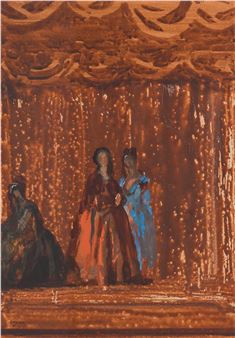 A theatrical scene featuring three figures in long gowns on a stage with ornate drapery.
