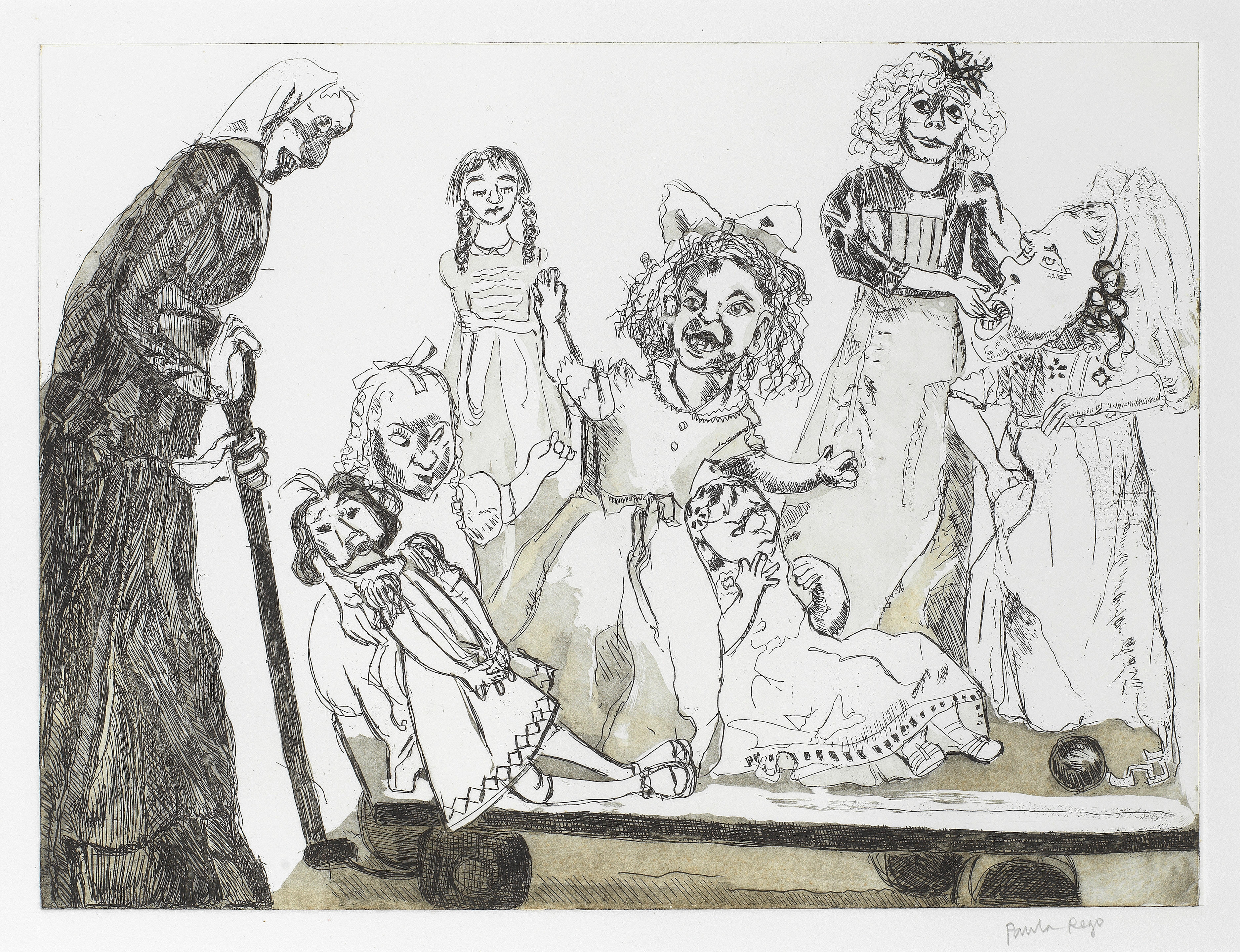 Artwork by Paula Rego, Death Goes Shopping (Rosenthal 277), Made of etchings with aquatint in colours, on Somerset wove paper