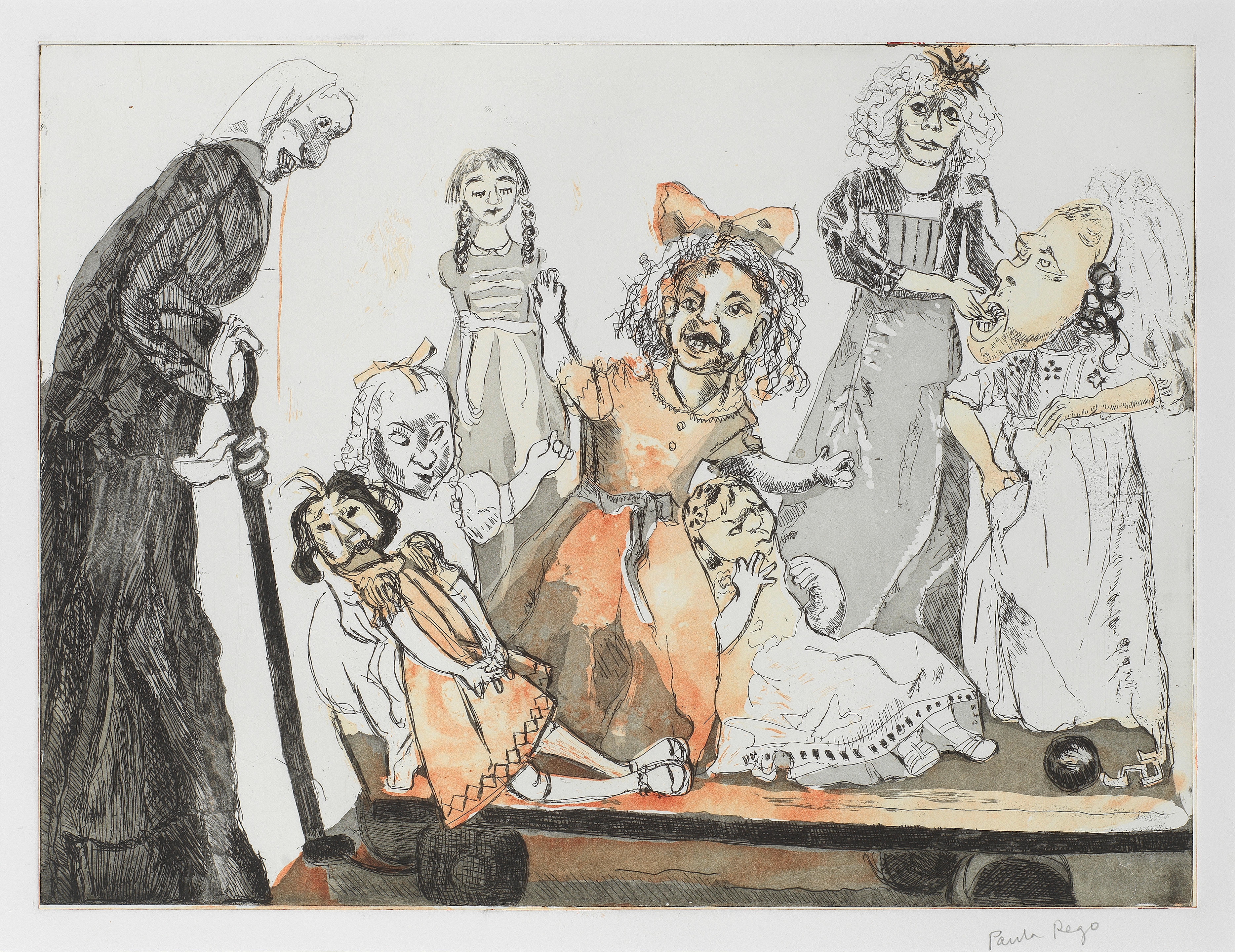 Artwork by Paula Rego, Death Goes Shopping (Rosenthal 277), Made of etchings with aquatint in colours, on Somerset wove paper