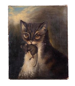 Cat with Mouse - American Primitive School, 19th Century
