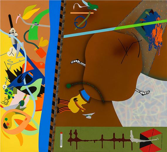 A colorful, abstract composition featuring a central brown figure surrounded by fragmented shapes and vibrant lines.