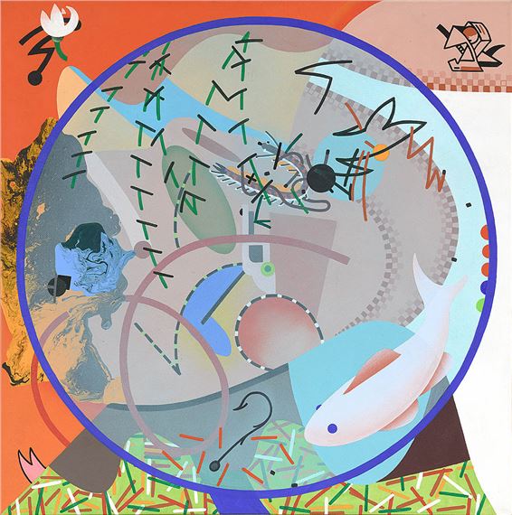 A colorful abstract composition featuring a large circular frame filled with fragmented shapes, symbols, and a white fish against a vibrant background.