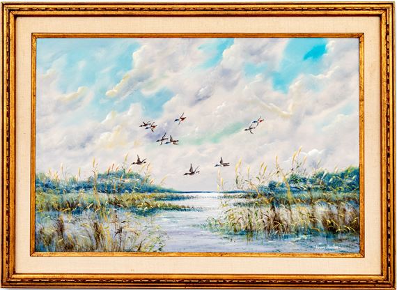 A framed landscape painting of a marshy river with flying birds against a cloudy sky.