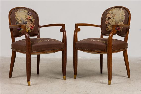 Pair French Deco Tapestry Fauteuils by Jules Leleu, c. 1940