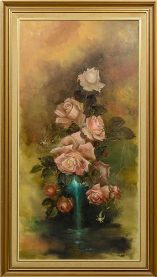 A vertical floral painting featuring a cluster of pink roses in a blue vase against a warm, abstract background.