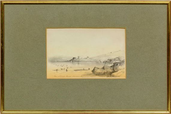 A framed watercolor landscape depicting a tranquil river scene with figures on the shore and distant buildings.