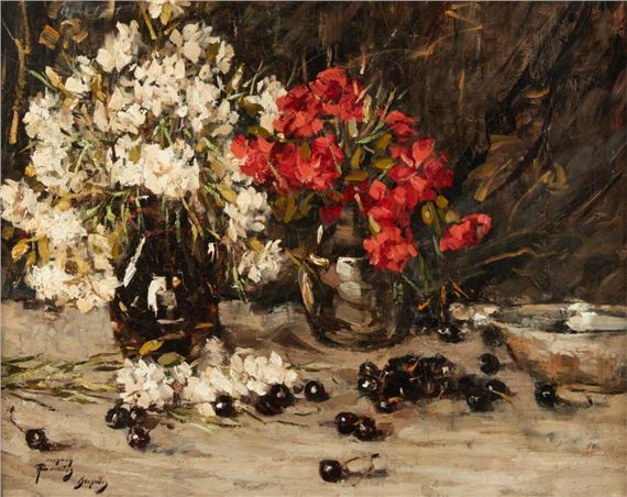 Still life with flowers and cherries by Herman Courtens