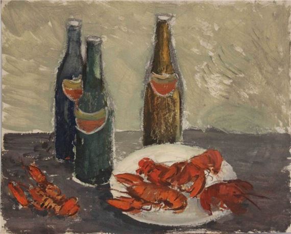 Still life with crayfish and bottles by Ivans Skakuns