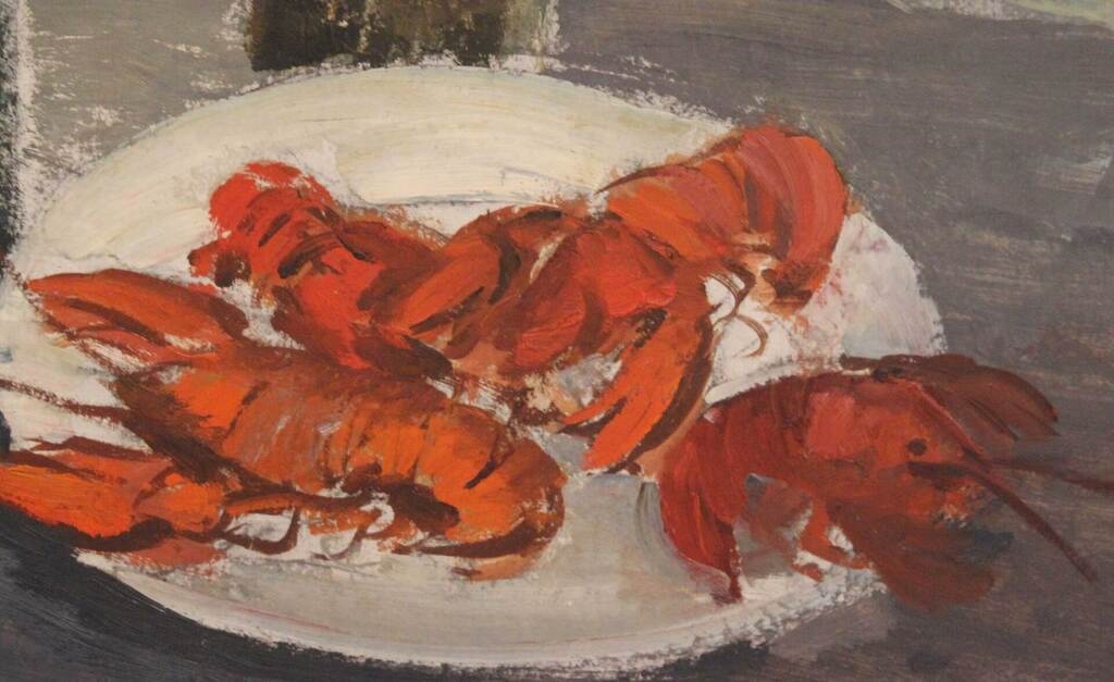 Artwork by Ivans Skakuns, Still life with crayfish and bottles, Made of Cardboard, oil