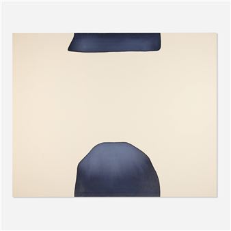 A minimalist abstract composition featuring two dark blue geometric shapes against a soft beige background.