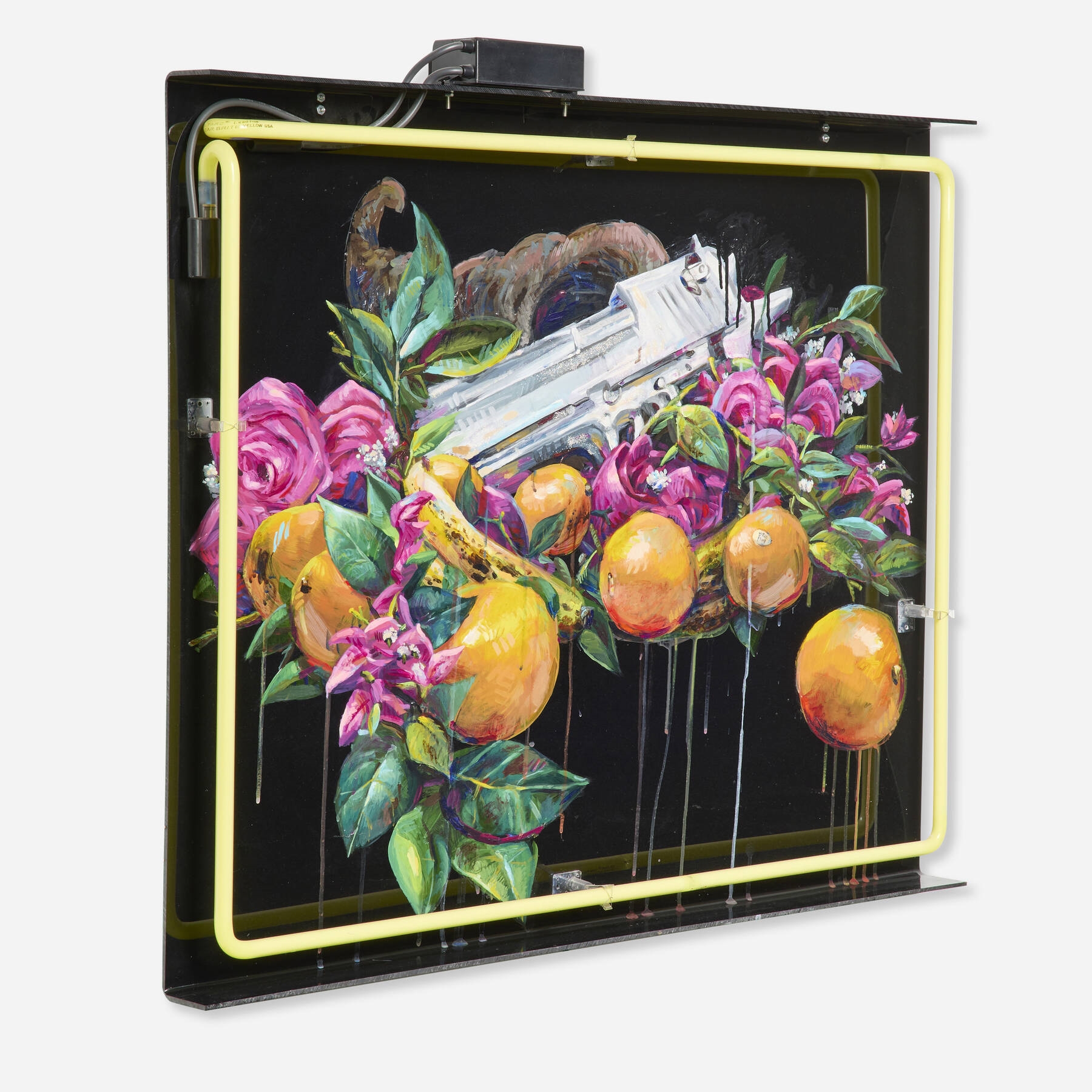 Artwork by Patrick Martinez, Desert Eagle with Fruit and Flowers, Made of Acrylic, Glitter And Neon Tube On Plexiglass
